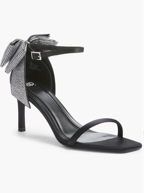 bp Black Satin Ankle-Strap Heels with Silver Crystal Bow Accent